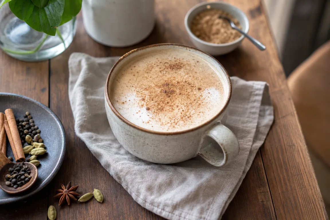Chai latte i mugg med kryddor som kanel och kardemumma bredvid
