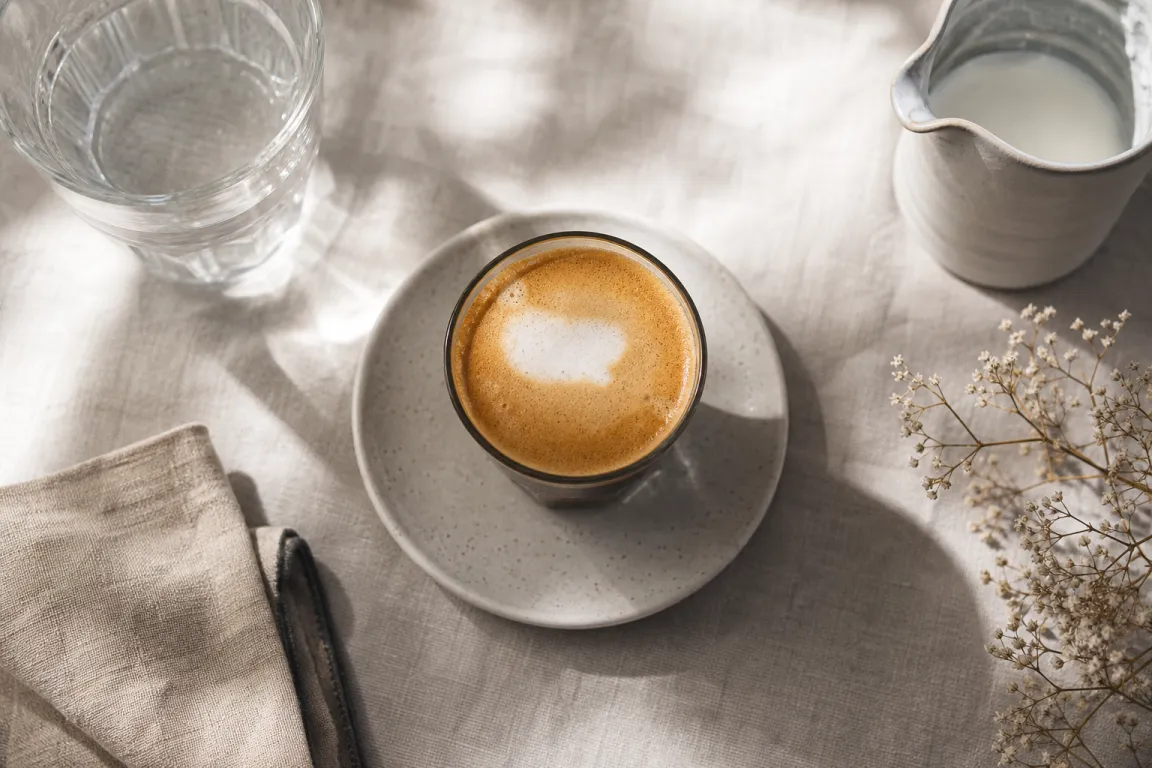 Cortado i litet glas med jämn, mörk yta utan skum