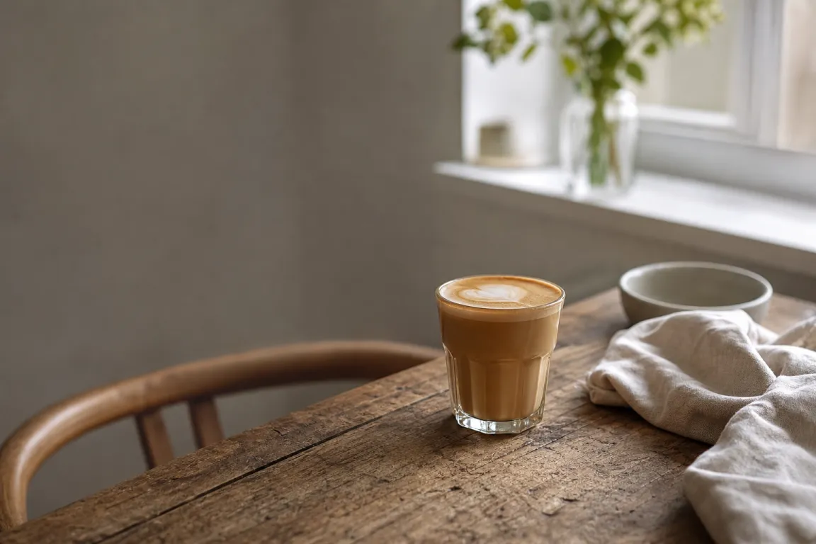 Flat white i liten kopp med blank, siden­len mjölkyta