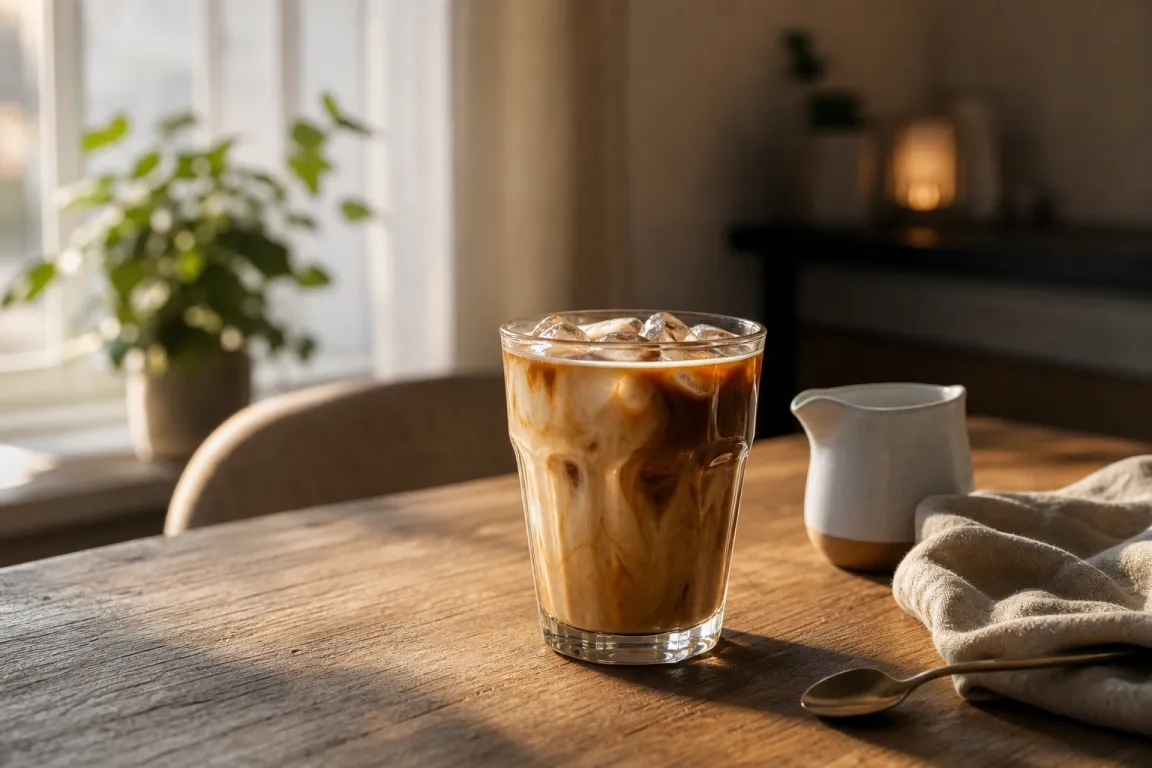 Iskaffe i högt glas fyllt med isbitar och nybryggt kaffe