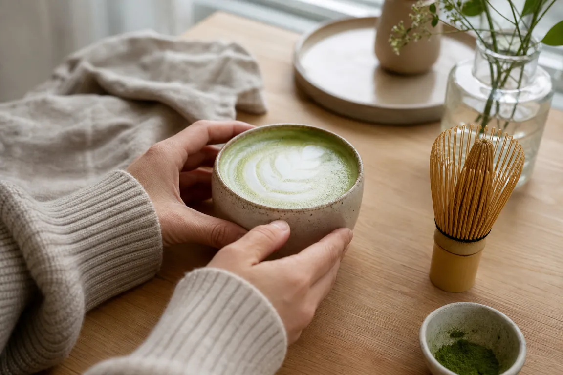 Matcha latte i mugg med grön matchapasta och bambuvisp bredvid