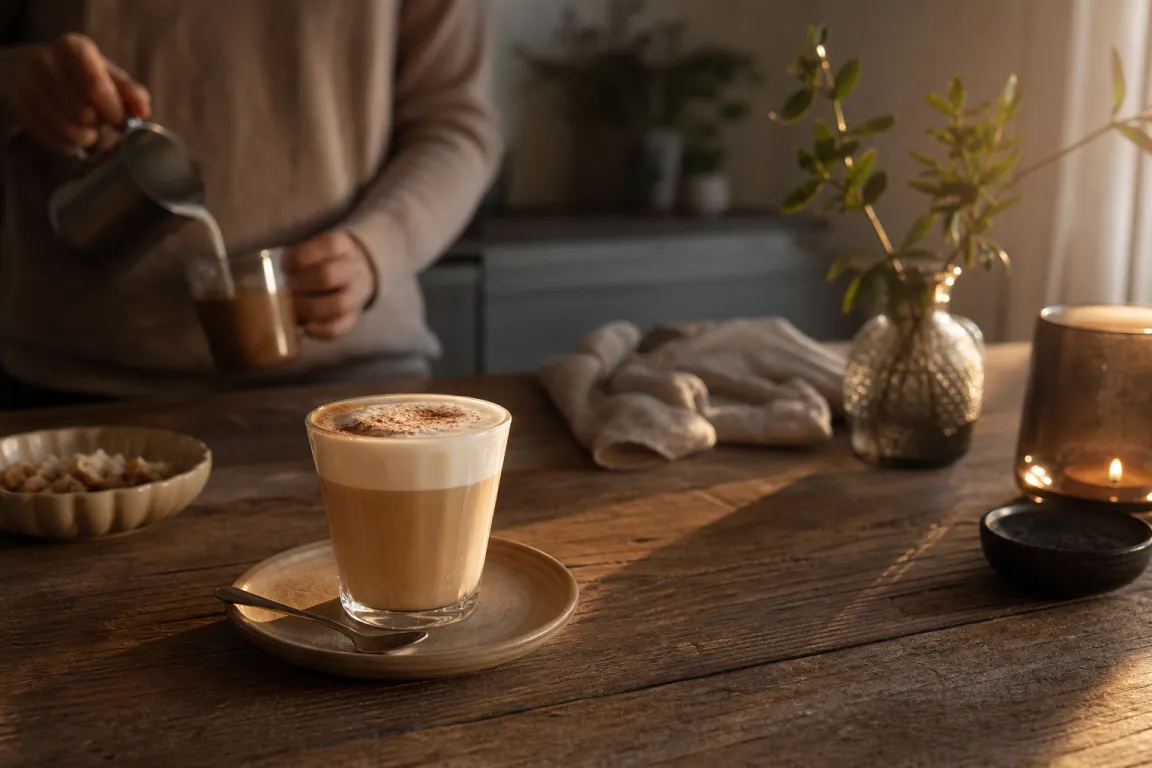Olika kaffedrycker uppradade i glas och koppar av varierande storlek
