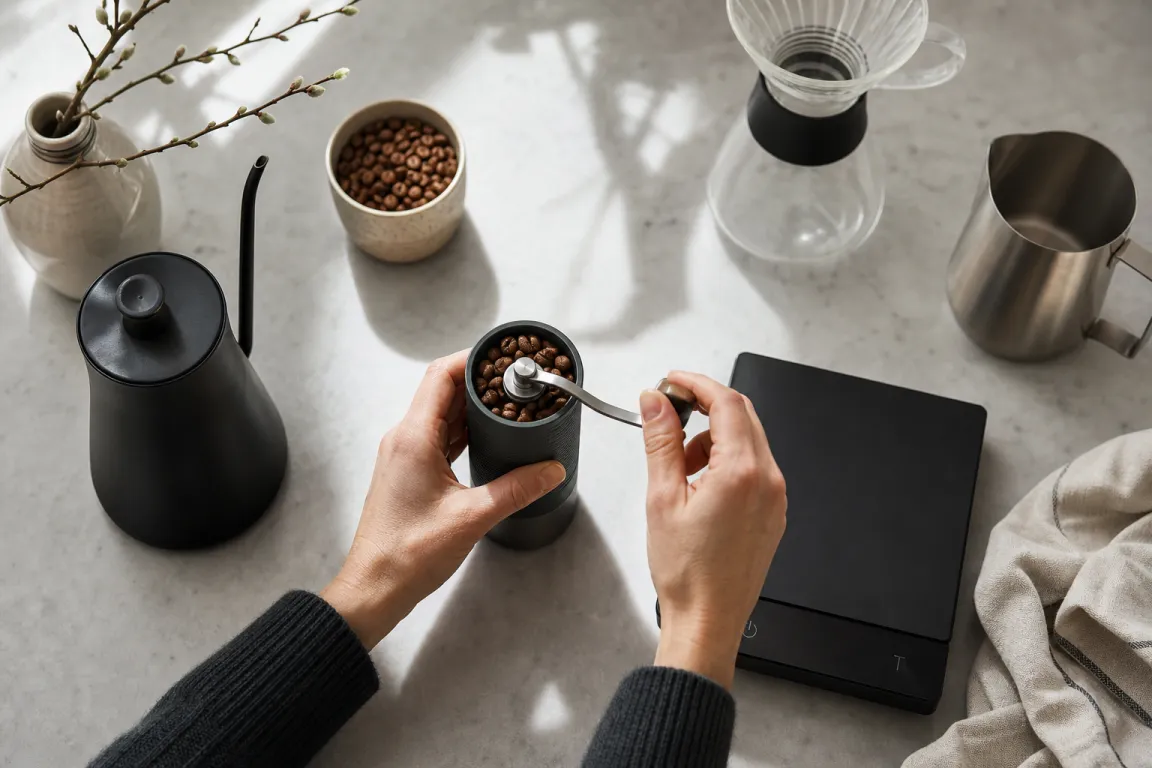 Flera fristående kaffekvarnar uppradade för jämförelse
