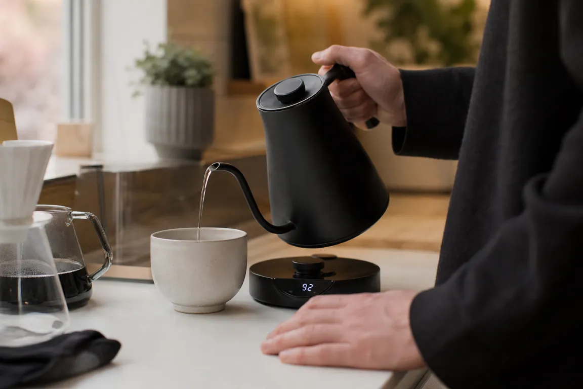 Vattenkokare med digital temperaturvisning på köksbänken